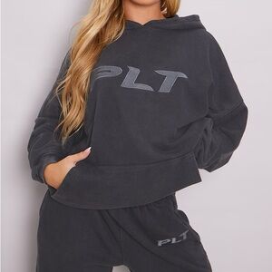 Prettylittlething charcoal hoodie and wide leg joggers set